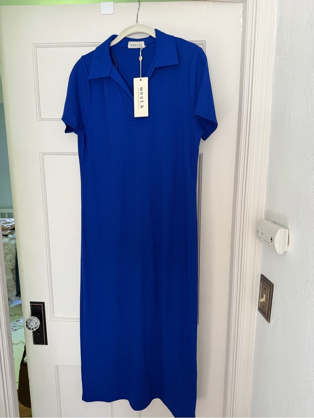 WESTK Cobalt Blue Polo Midi Dress - Short Sleeve Ribbed Knit